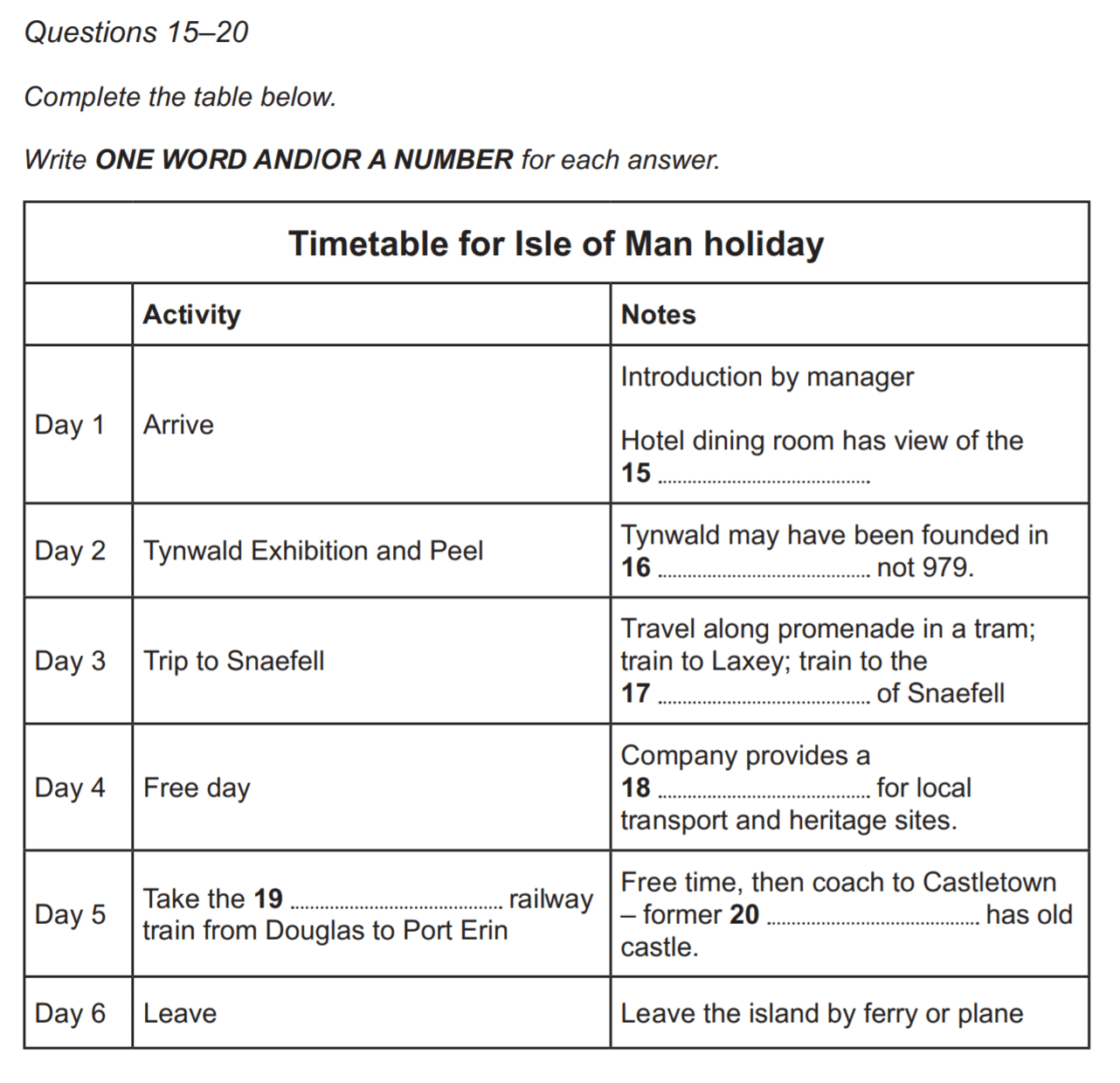 timetable for isle of man holiday ielts listening